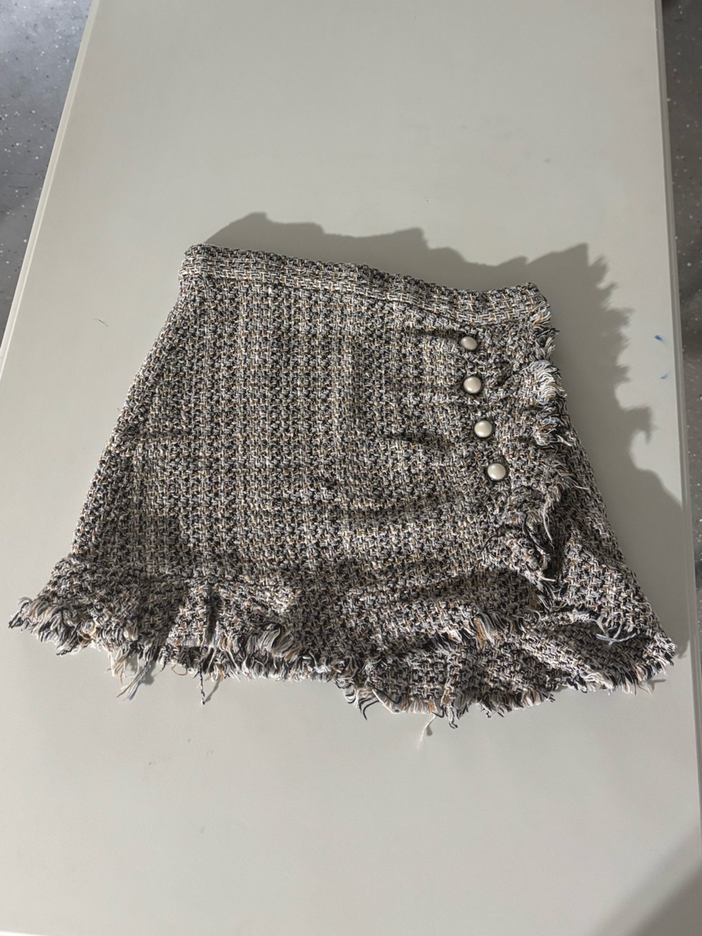 Zara Neutral Tweed Fringe Mini Skirt with Pearl Buttons